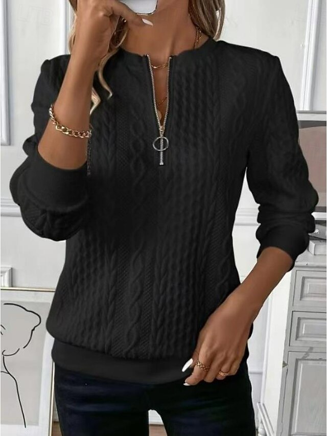 Women's Sweatshirt Elegant Modern Plain Work Crew Neck Zipper Loose Fit Long Sleeve Black White Pink Gray Spring Fall - Gray