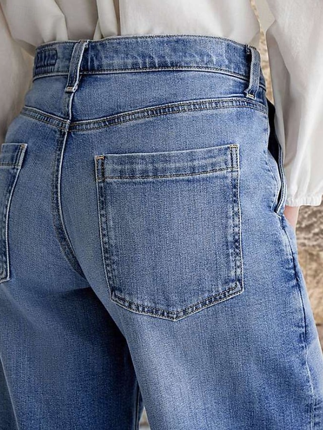 Women's Jeans Denim Wide Leg Fashion Streetwear Casual Full Length Medium Waist Plain Pocket Comfortable Micro-elastic Daily Outdoor Vacation Blue Spring Fall Loose Fit - Blue