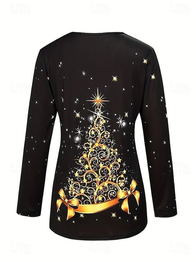 Christmas Women's T Shirt Graphic Vintage Stylish Classic Long Sleeve V Neck Regular Tops Daily Print White / Black Black+White+Red Black Wine Red Spring Fall Winter - Black