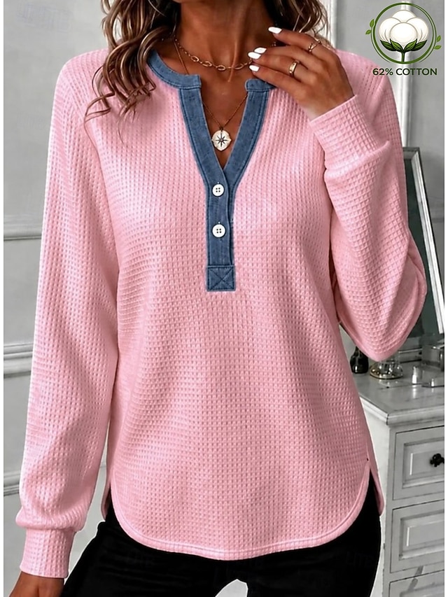 Women's Waffle Polo Shirts Bohemia Active Vacation Long Sleeve Crew Neck Long Tops Casual Daily Holiday White Pink Spring Fall Winter - Pink