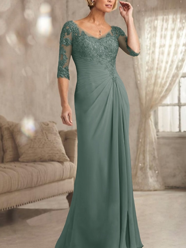 Sheath Column Floor Length Wedding Guest Dress Formal Dresses Evening Gown Mother of the Bride Dress Half Sleeve V Neck Plus Size Sexy See Through Wedding Guest Chiffon Lace with Lace - Dusty Sage
