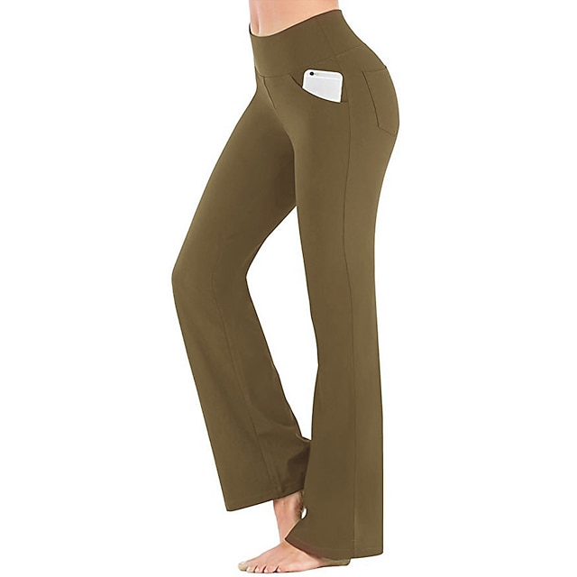 Women's High Waist Yoga Pants Side Pockets Bootcut Leggings Tummy Control 4 Way Stretch Quick Dry Dark Grey Wine Fitness Gym Workout Dance Summer Sports Activewear High Elasticity - Green
