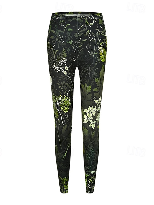 Women's Pants Trousers Leggings Cozy Leggings Streetwear Casual Full Length High Waist Floral Elastic Waist Print Breathability Comfortable Stretchy Vacation Street Daily Wear Green Summer Spring Fall - Green