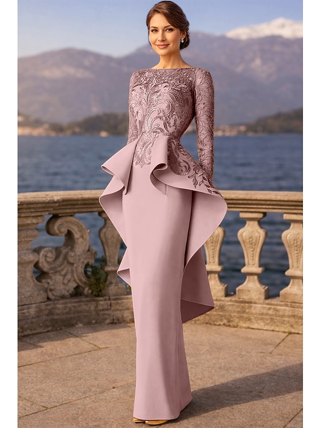 Sheath Column Floor Length Wedding Guest Dress Formal Dresses Evening Gown Mother of the Bride Dress Long Sleeve Scoop Neck Elegant Party Formal Wedding Guest Lace Stretch Fabric with Ruffles - Dusty Rose