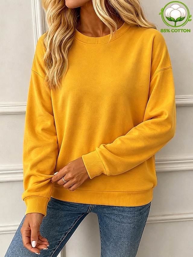 Women's Pullover Sweatshirt Cotton Elegant Warm Long Sleeve Crew Neck Regular Tops Blue White Black Yellow Pink Spring Fall Winter - Yellow