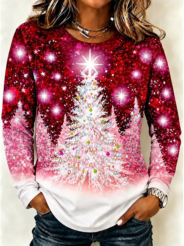 Christmas Women's T Shirt Print Graphic Christmas Tree Vintage Fashion Stylish Long Sleeve Crew Neck Regular Tops Casual Daily Weekend Blue Black Red Purple Spring Fall Winter - Red