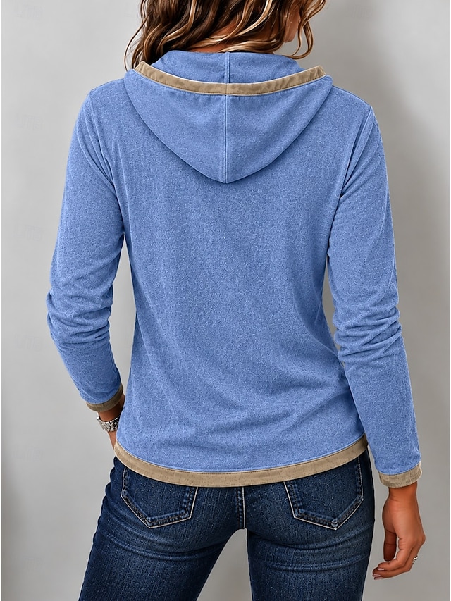 Women's Washed Cotton 100% Cotton Plain Vintage Fashion Stylish Long Sleeve Hooded Regular Tops Casual Blue Khaki Black Spring Fall Winter - Blue