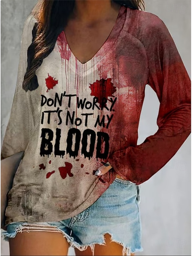 Halloween Women's Problem Solved Bloody Graphic T Shirt Blood Splatter Ombre Print Long Sleeve V Neck Casual Top Wine Red Beige - Wine
