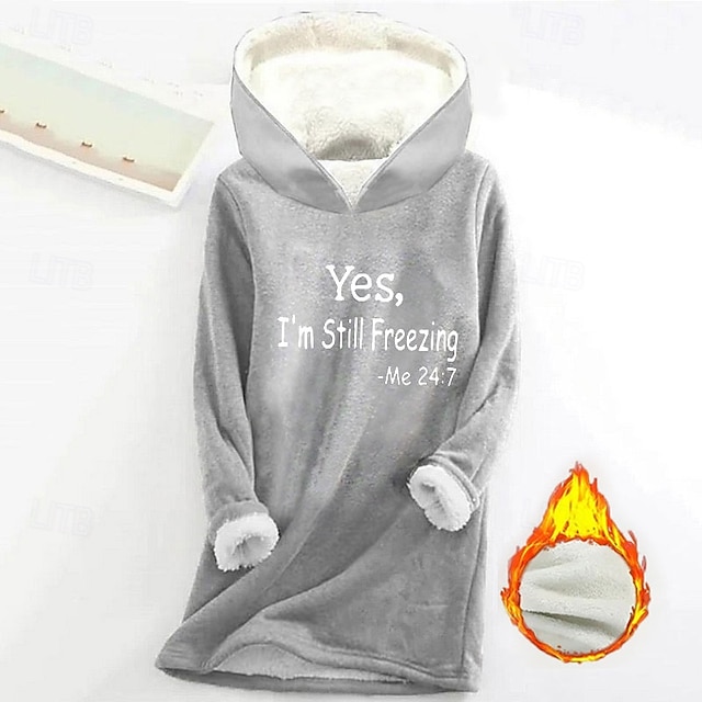 Women's Hoodie Sweatshirt Pullover Sherpa Letter Casual Sports Print Warm Fuzzy Comfort Hoodie Long Sleeve Top Micro-elastic Fall & Winter Comfort Breathable Soft Fabric - Gray