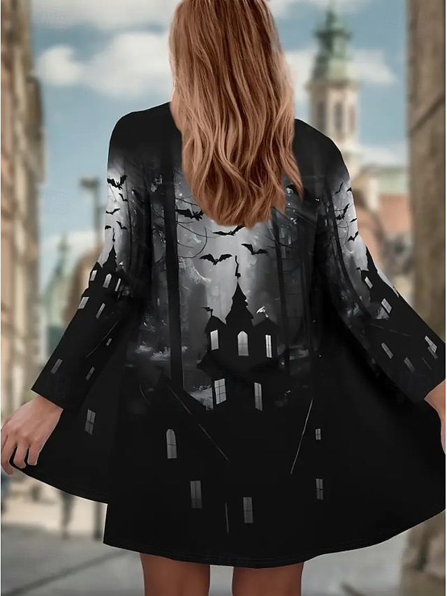 Halloween Women's Giant Skull 3D Bone Cage Print Kimono Cardigan Lightweight Collarless Open Front 3/4 Sleeve Long Cover Up White Gray - Dark Gray