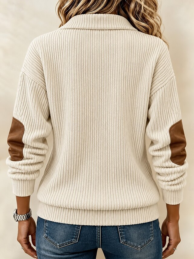 Women's Corduroy Tops Pullover Zip Up Sweatshirts Patchwork Warm Vintage Fashion Long Sleeve High Neck Regular Tops Casual Apricot Spring Fall Winter - Apricot