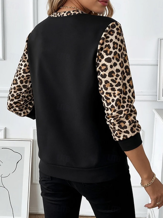 Women's Zip Up Sweatshirts Zipper Print Graphic Leopard Fashion Casual Long Sleeve Round Neck Half Zip Regular Tops Casual Street Dailywear White Black Red Spring Fall - Black