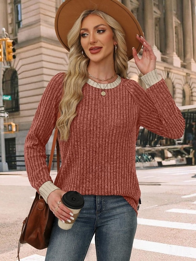 Women's Texture Blouse Textured Knit Tops Ribbed Knit Tops Elegant Vintage Ethnic Long Sleeve Crew Neck Long Tops Casual Daily Going out Rust Red Spring Fall Winter - Rust Red