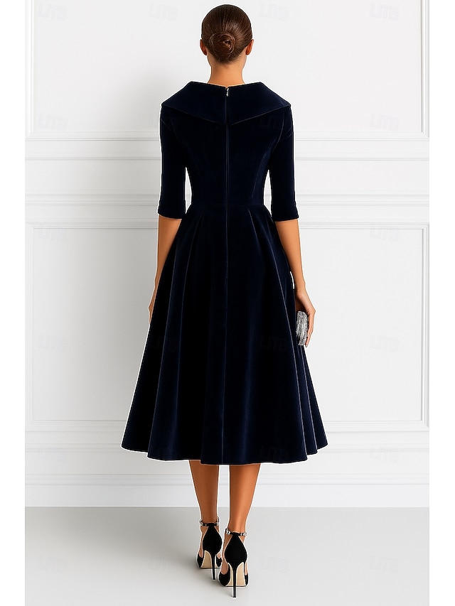 A-Line Tea Length Party Dress Cocktail Dress Wedding Guest Dress Mother of the Bride Dress Long Sleeve Shirt Collar Elegant Vintage Formal Velvet with Ruching Solid Color - Dark Navy
