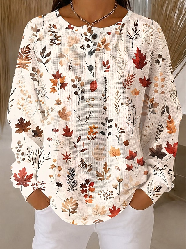Women's Waffle Pullover Sweatshirt Knit Tops Buttons Graphic Abstract Fashion Casual Print Long Sleeve Crew Neck Regular Tops Casual Street Orange red Orange Beige Spring Fall - Beige