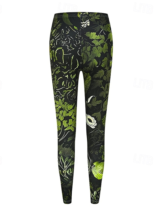 Women's Pants Trousers Leggings Cozy Leggings Streetwear Casual Full Length High Waist Floral Elastic Waist Print Breathability Comfortable Stretchy Vacation Street Daily Wear Green Summer Spring Fall - Green