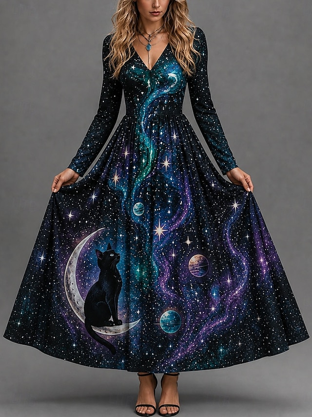 Halloween Women's Maxi Dress A Line Dress Vintage Boho Party Ombre Graphic Cat Long Sleeve V Neck Blue Purple Orange Fall Winter - Purple