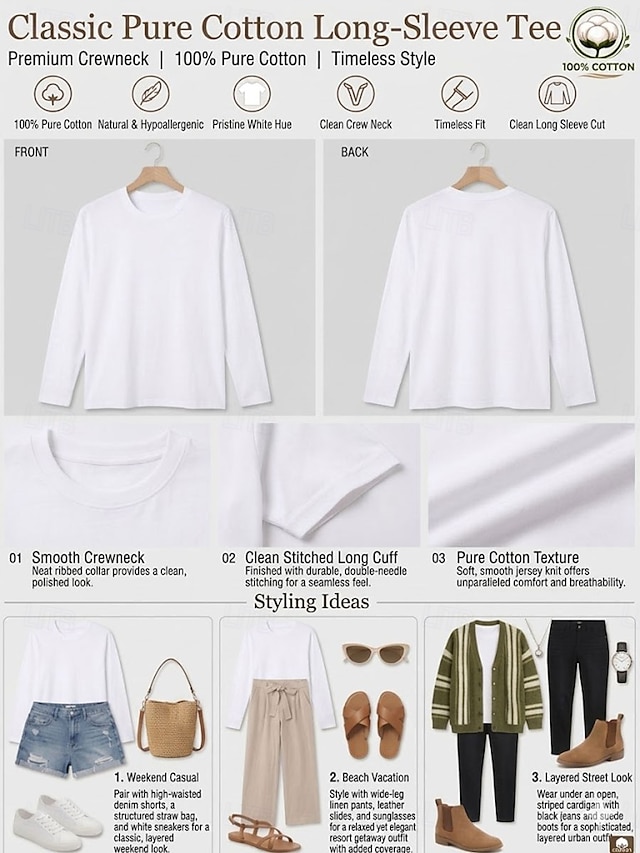 Women's 100% Cotton T-Shirts - Quality Heavy Long Sleeve Crew Neck Tee - White