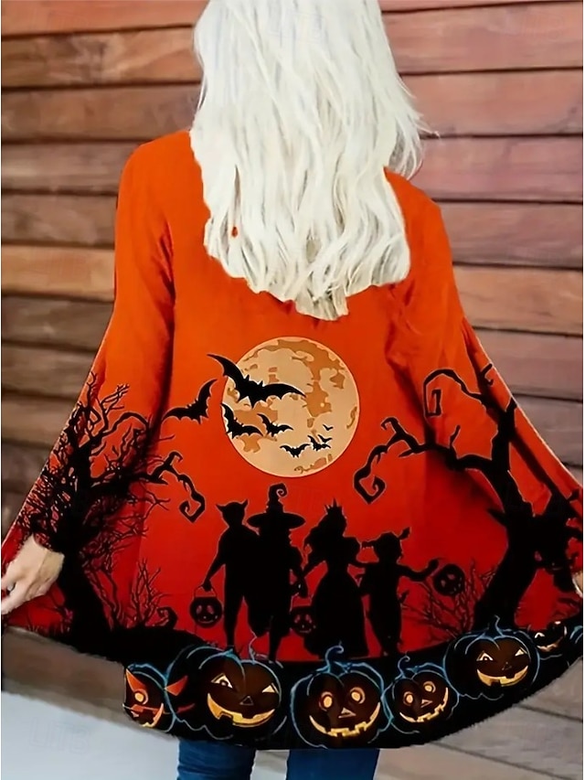 Halloween Women's Giant Skull 3D Bone Cage Print Kimono Cardigan Lightweight Collarless Open Front 3/4 Sleeve Long Cover Up White Gray - Orange