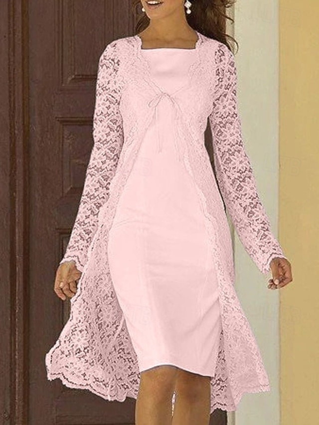 Two Piece Sheath Column Tea Length Wedding Guest Dress Mother of the Bride Dress Sleeveless Square Neck Elegant Wedding Guest Wedding Party Church Chiffon Lace Jacket Dresses with Lace Solid Color - Pink