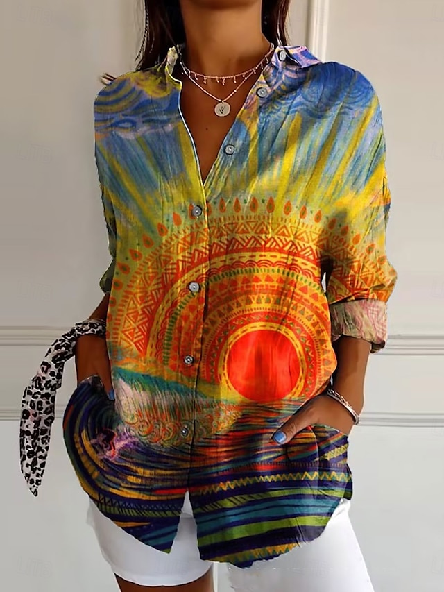 Women's Shirt Linen Like Breathable Lightweight Button Down Tunic Shirt Collar Long Sleeve Floral Casual Regular Tops Work Daily s Print White Yellow Pink Red Blue Spring Fall Winter - Yellow