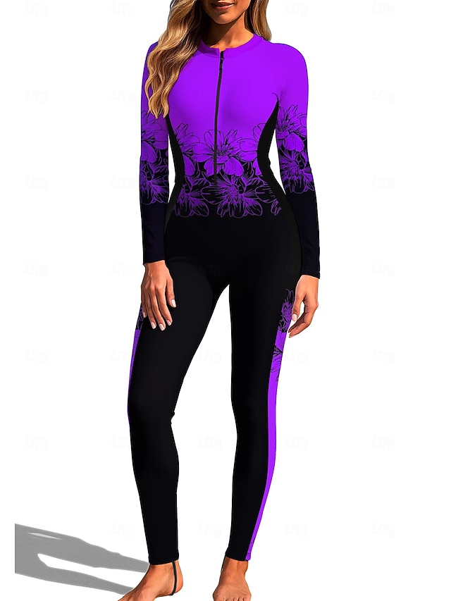 Women's Regular Rash Guard Full Body Rash Guard One Piece Surfing Suit Floral Tropical Color-blocking Zip Up with Built in Bra Front Zip UV Sun Protection Full Coverage UPF50+ Long Sleeve Full Body - Purple