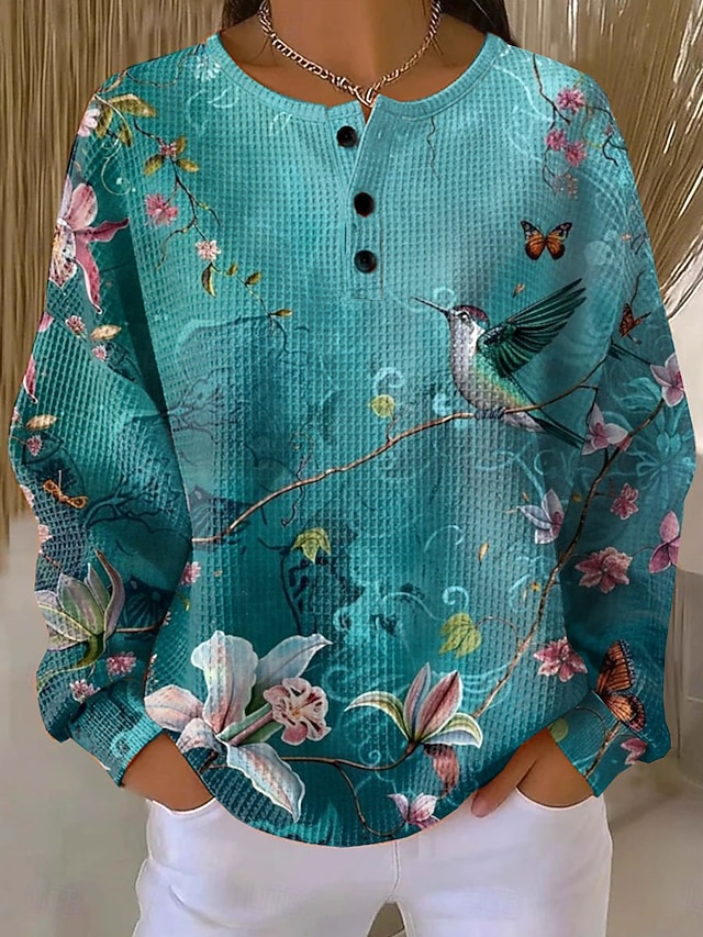 Women's Pullover Sweatshirt Buttons Print Floral Graphic Vintage Casual Long Sleeve Crew Neck Regular Tops Casual Street Dailywear Blue Yellow Pink Purple Spring Fall Winter - Blue