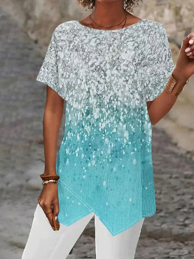 Women's Blouse Asymmetrical Hem Basic Abstract Print Short Sleeve Long Tops Round Neck Casual Silver Black White Blue Khaki - Silver