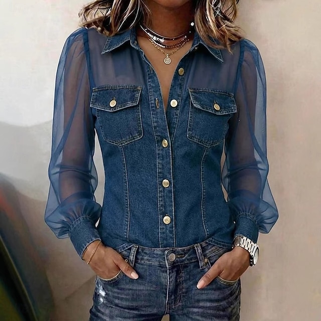 Women's Denim Blouse Denim Shirt Button Down Shirt Patchwork Mesh Buttons Elegant Lantern Sleeve Shirt Collar Casual Black Dark Blue Light Blue Summer Spring Fall - Dark Blue