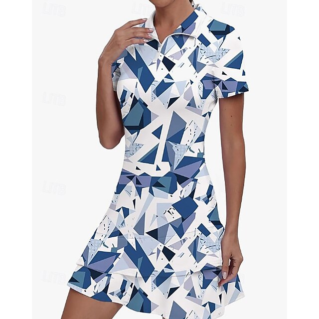 Women's Graphic Leopard Geometric Tennis Dress Sports Dress Golf Polo Dress Short Sleeve Quarter Zip Asymmetrical Elastic Sweat-Wicking Breathable Tennis Golf Badminton Polo Collar Dress White Forest - Blue+White
