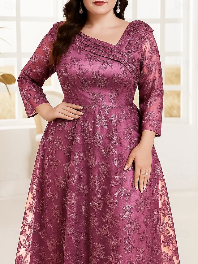 A-Line Floor Length Wedding Guest Dress Formal Dresses Evening Gown Mother of the Bride Dress Long Sleeve V Neck Elegant Vintage Luxurious Tulle with Sequin Embroidery - Fuchsia