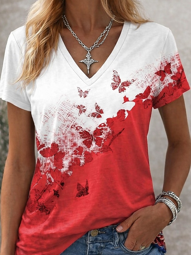 Women's T Shirt Color Block Print Graphic Animal Abstract Vintage Stylish Classic Short Sleeve V Neck Regular Tops Daily Weekend Blue Black and Red White Red Summer Spring Fall - White Red