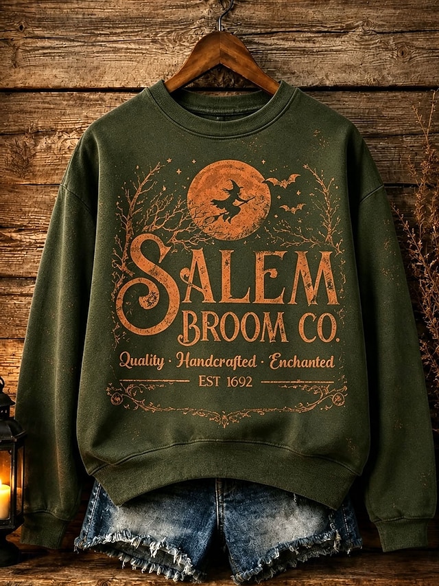 Halloween Women's Pullover Sweatshirt Graphic Letter Witch Casual Long Sleeve Crew Neck Regular Tops Casual Home Work Black Red Green Spring Fall Winter - Green