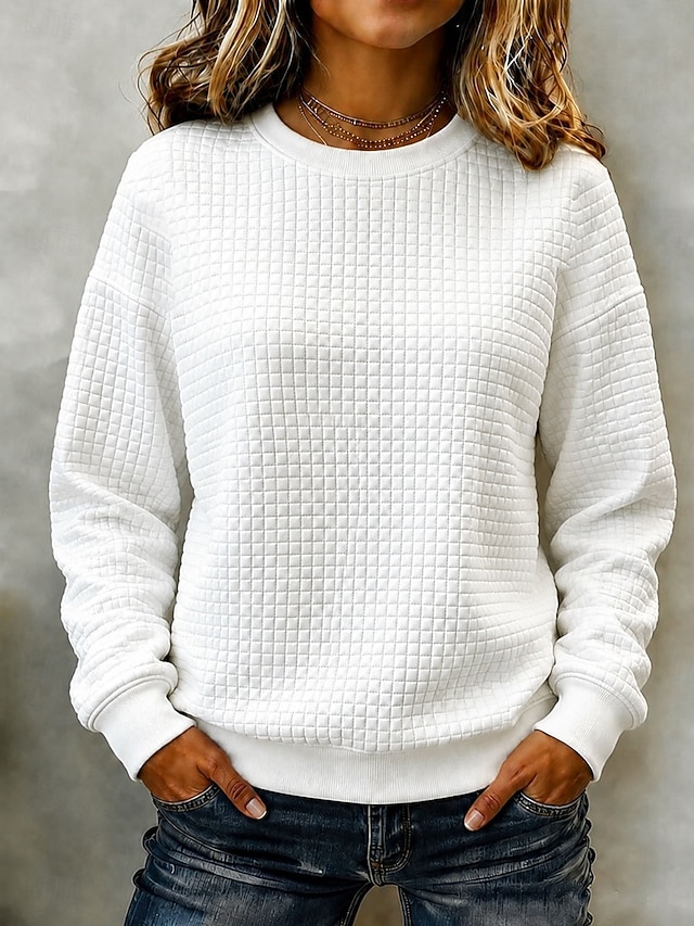 Women's Waffle Hoodies Warm Sports Fashion Long Sleeve Crew Neck Regular Tops Casual White Pink Fall Winter - White