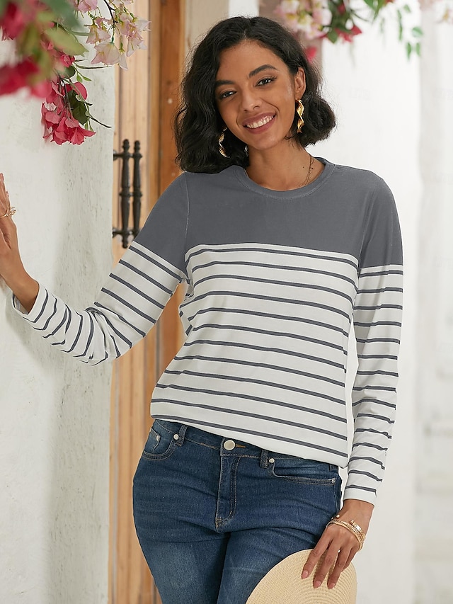 Women's T shirt Long Sleeve Crew Neck Long Sleeve Tunic Striped Basic Round Neck Regular Tops Daily Weekend Print Black White Red Blue Gray Fall & Winter Prefall - Gray