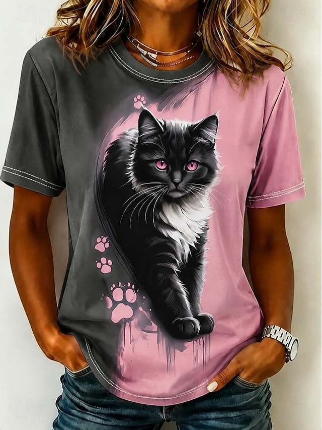 Women's T Shirt Print Graphic Animal Cat Vintage Stylish Classic Short Sleeve Crew Neck Regular Tops Casual Daily White Black Light Green Pink Summer Spring - Pink