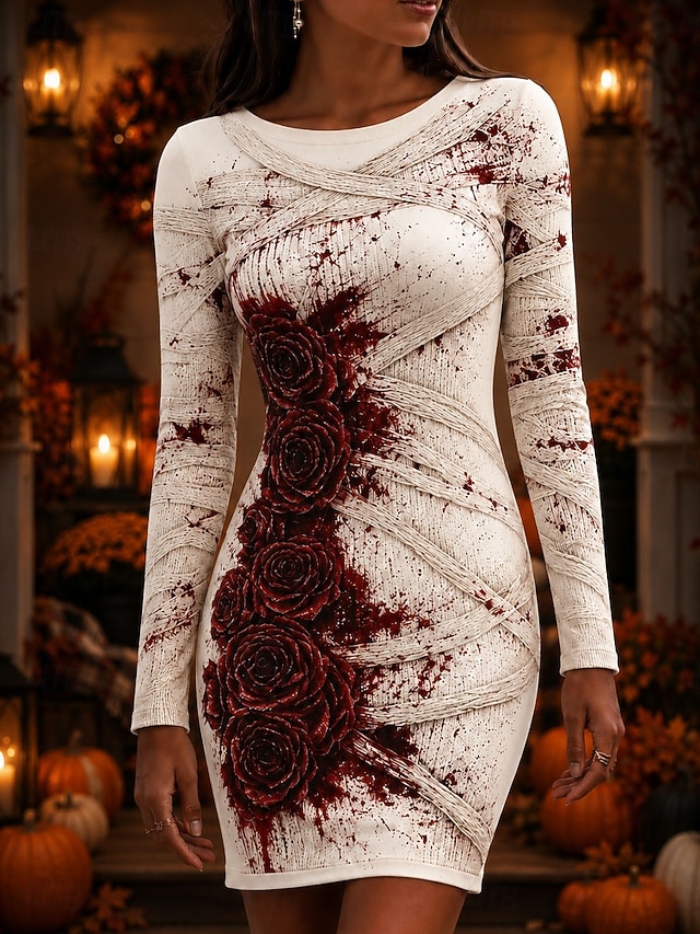 Halloween Women's Mini Dress T Shirt Dress Tee Dress Bodycon Dress Vacation Casual Party Slim Long Sleeve Crew Neck Round Neck White Black Wine Red Spring Fall Winter - Wine
