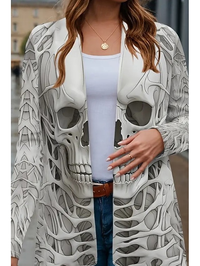 Halloween Women's Giant Skull 3D Bone Cage Print Kimono Cardigan Lightweight Collarless Open Front 3/4 Sleeve Long Cover Up White Gray - White