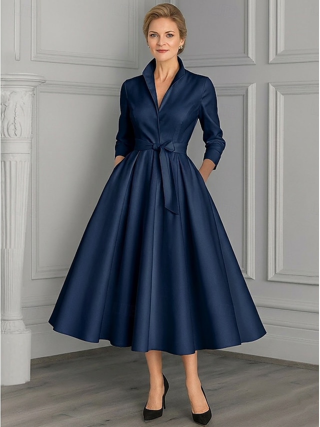 A-Line Ankle Length Party Dress Cocktail Dress Wedding Guest Dress Mother of the Bride Dress Long Sleeve V Neck Elegant Vintage Party Formal Evening Wedding Party Birthday with Pleats - Dark Navy