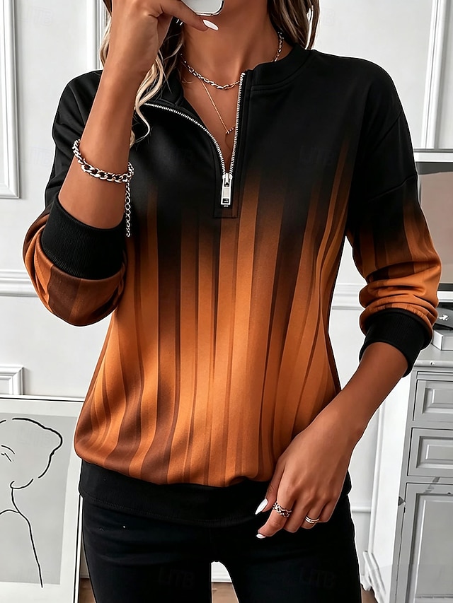 Women's Zip Up Sweatshirts Zipper Print Graphic Geometric Abstract Fashion Casual Long Sleeve Round Neck Half Zip Regular Tops Casual Street Dailywear Blue Yellow Orange Spring Fall - Orange
