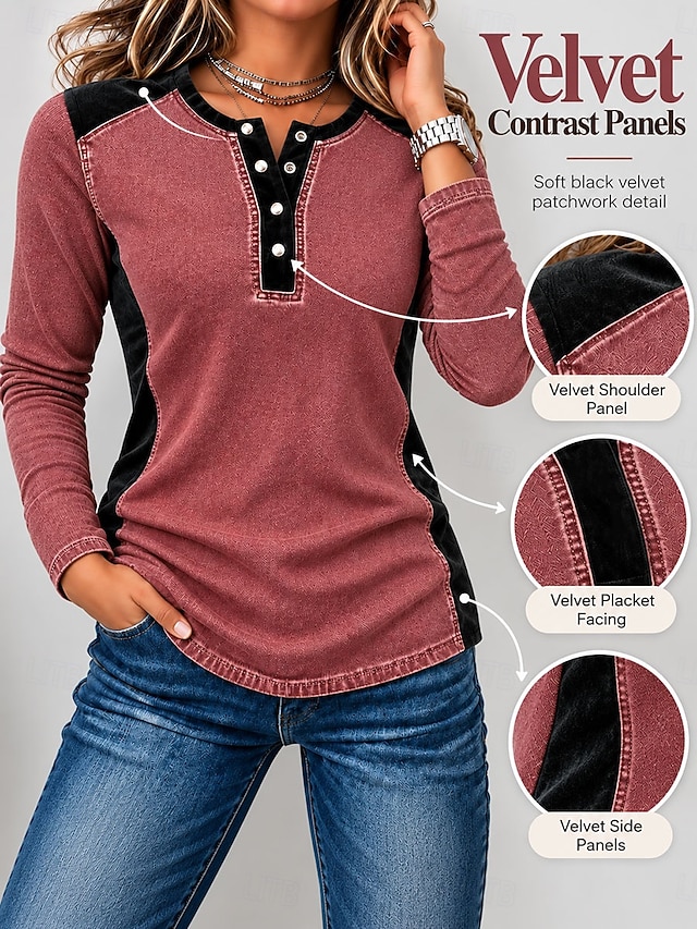 Women's Denim Shirt Blouse Henley Top Patchwork Plain Vintage Fashion Stylish Long Sleeve Lapel Regular Tops Casual Beach Blue Red Green Spring Fall Winter - Red