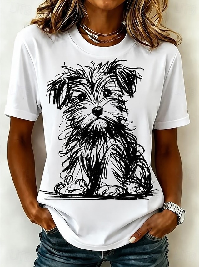 Women's T Shirt Print Graphic Animal Cat Vintage Stylish Classic Short Sleeve Crew Neck Regular Tops Casual Daily White Black Light Green Pink Summer Spring - White