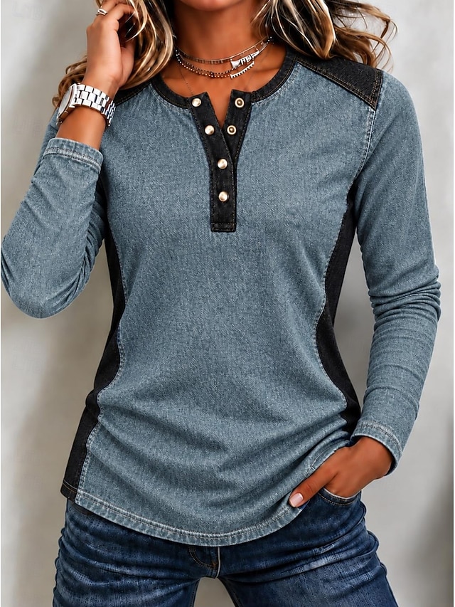 Women's Washed Cotton Denim Shirt Solid Color Color Block Bohemia Active Vacation Long Sleeve Hooded Polo Collar Regular Tops Casual Daily Holiday Blue Khaki Green Summer Spring Fall Winter - Blue