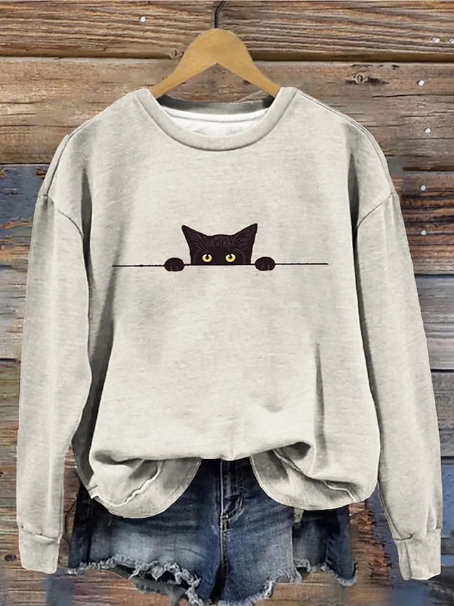 Halloween Women's Pullover Sweatshirt Black Cat Graphic Animal Cat Fashion Casual Long Sleeve Crew Neck Regular Tops Street Dailywear Casual Print White Pink Orange Beige Gray Fall Winter - Beige