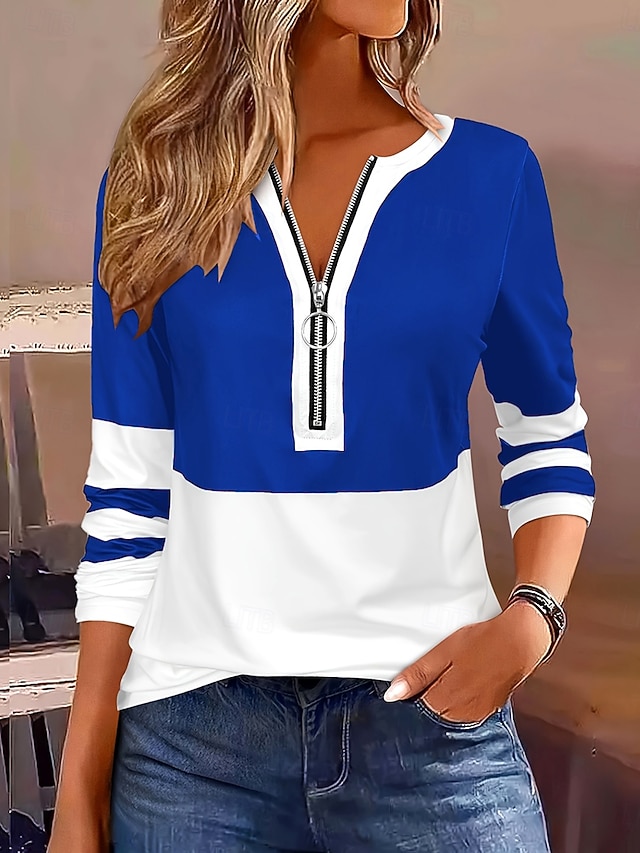 Women's T shirt Long Sleeve Graphic Color Block Striped Elegant Vintage Stylish Long Sleeve V Neck Regular Tops Daily Weekend Zipper Print Black Red Royal Blue Spring Fall Prefall - Royal Blue