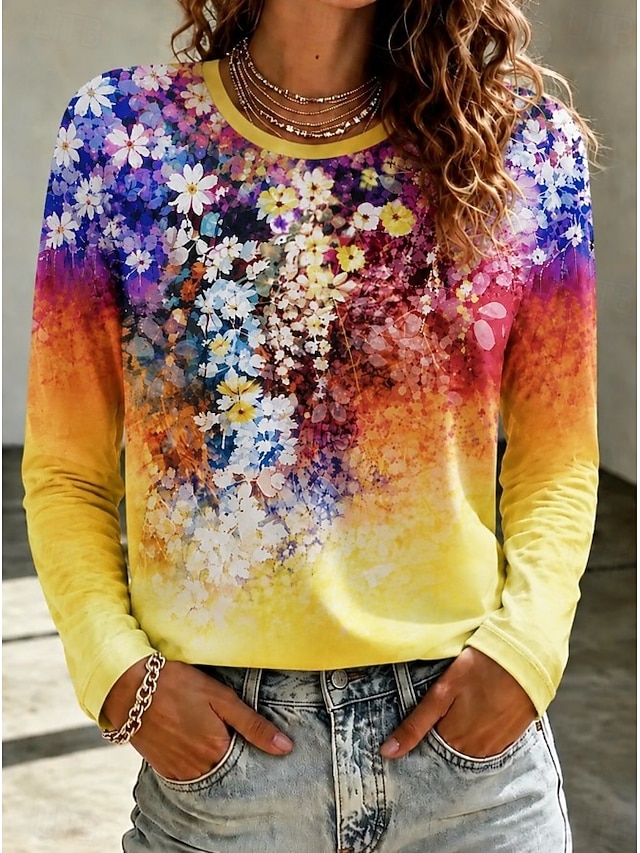 Women's T Shirt Print Floral Graphic Fashion Stylish Classic Long Sleeve Crew Neck Regular Tops Casual Daily Weekend White Black Yellow Red Green Summer Spring Fall - Yellow