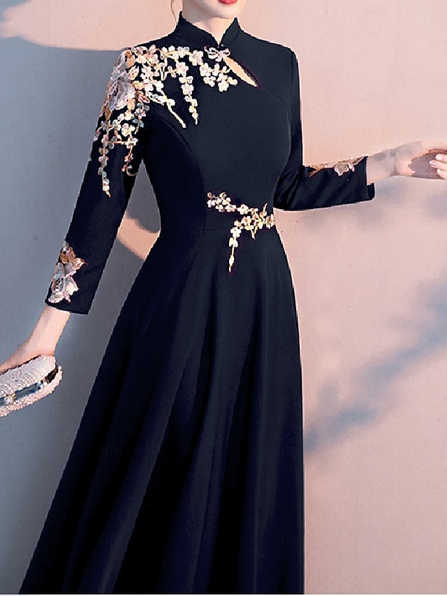 A-Line Mother of the Bride Dress Elegant Simple High Neck Floor Length Stretch Fabric Long Sleeve with Pleats Appliques free custom size - Dark Navy