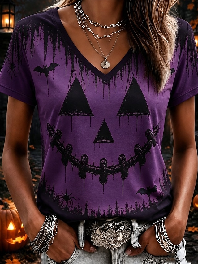 Halloween Women's T Shirt Print Graphic Abstract Vintage Stylish Casual Short Sleeve V Neck Regular Tops Casual Daily Weekend Blue Purple Orange Fall Winter - Purple