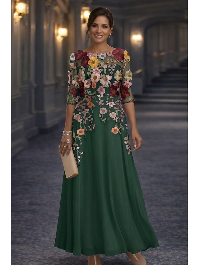 A-Line Floor Length Lace Dress Mother of the Bride Dress Long Sleeve Crew Neck Illusion Neck Elegant Vintage Formal Wedding Guest Wedding Party Chiffon Lace with Floral Print 3D Flowers Embroidery - Dark Green