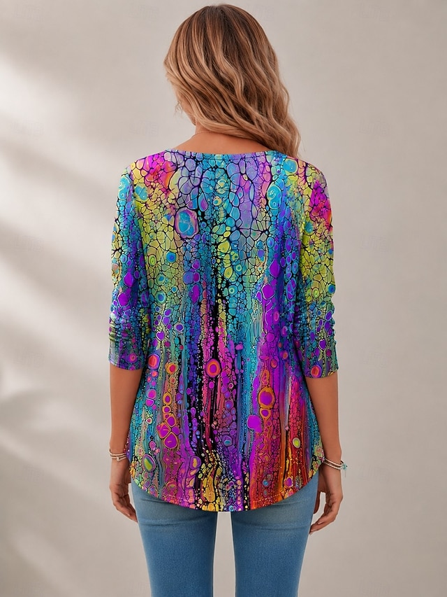 Women's T shirt Long Sleeve Crew Neck Long Sleeve Tunic Casual Print Regular Tops Daily Rainbow Spring Fall Prefall - Blue